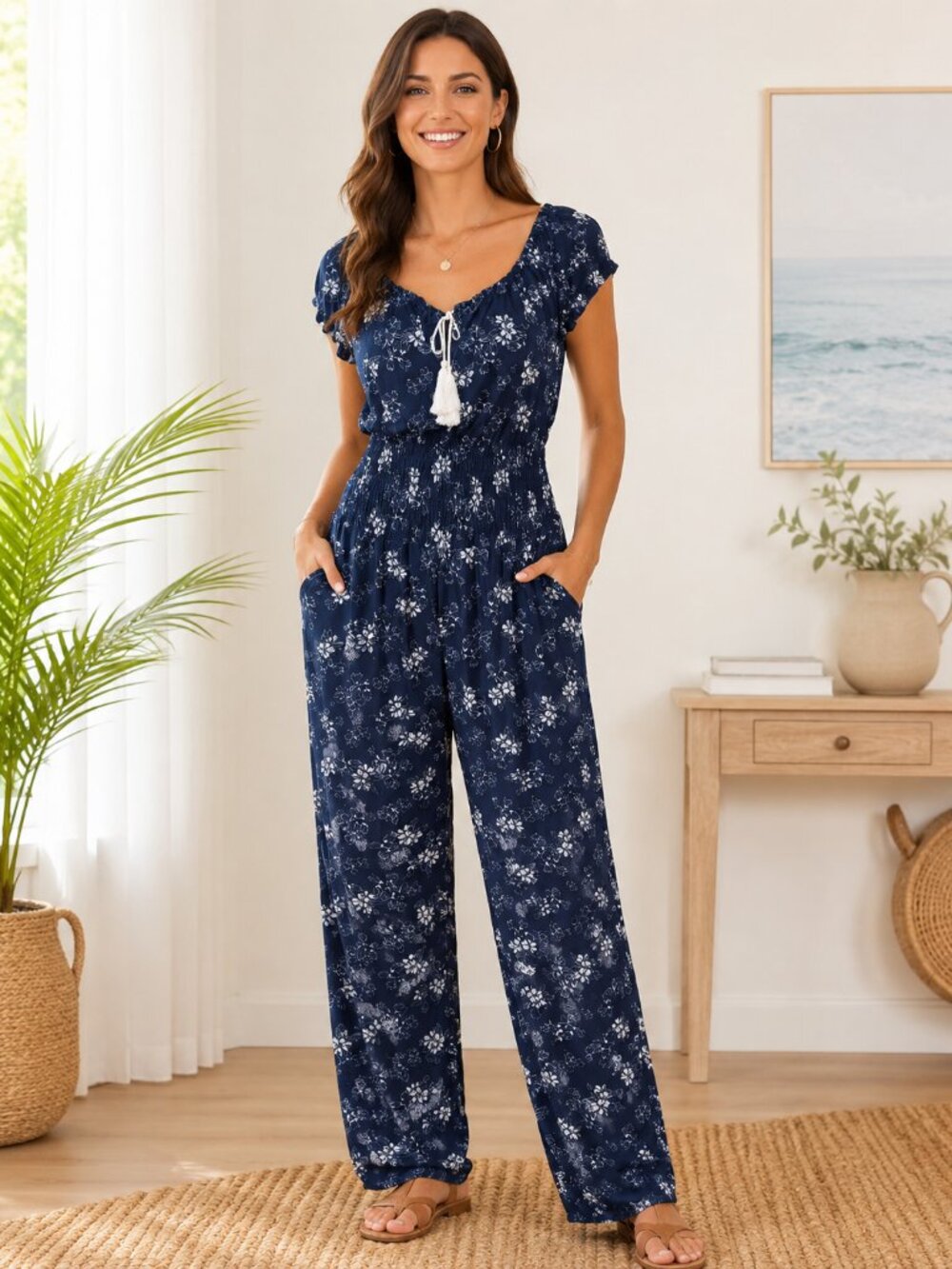 Dark Blue Floral Jumpsuit Size M Short Sleeve Pockets